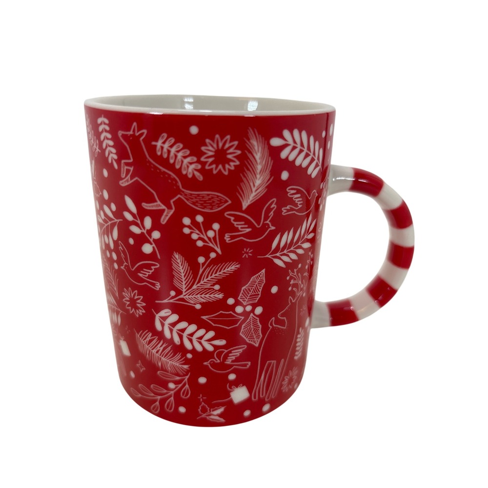 Starbucks 2018 Woodland Holiday Mug Red White Fox Deer Candy Cane Handle 12oz